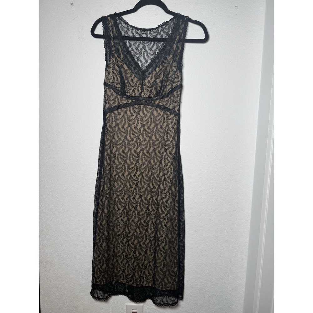 Y2K Express Black Lace Overlay V Neck Midi Slip Dress Nude Camisole Sz 5/6 Fairy